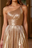Laden Sie das Bild in den Galerie-Viewer, Glitzer Gold A Linien Satin Eine Schulter Langes Abendkleid mit Schlitz