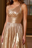 Laden Sie das Bild in den Galerie-Viewer, Glitzer Gold A Linien Satin Eine Schulter Langes Abendkleid mit Schlitz