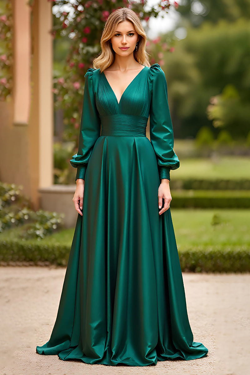 Laden Sie das Bild in den Galerie-Viewer, Dunkelgrün A Linien Satin V-Ausschnitt Langes Abendkleid mit Ärmeln