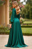 Laden Sie das Bild in den Galerie-Viewer, Dunkelgrün A Linien Satin V-Ausschnitt Langes Abendkleid mit Ärmeln
