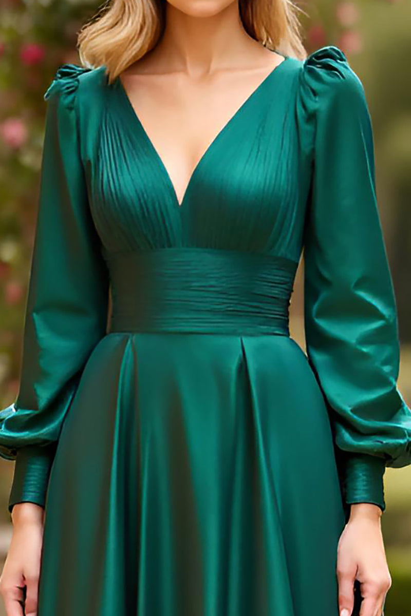 Laden Sie das Bild in den Galerie-Viewer, Dunkelgrün A Linien Satin V-Ausschnitt Langes Abendkleid mit Ärmeln