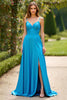 Laden Sie das Bild in den Galerie-Viewer, Blau A Linien Satin Spaghettiträger Langes Abendkleid mit Schlitz