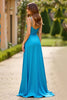 Laden Sie das Bild in den Galerie-Viewer, Blau A Linien Satin Spaghettiträger Langes Abendkleid mit Schlitz