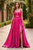 Laden Sie das Bild in den Galerie-Viewer, Fuchsia A Linien Satin Spaghettiträger Langes Abendkleid mit Schlitz