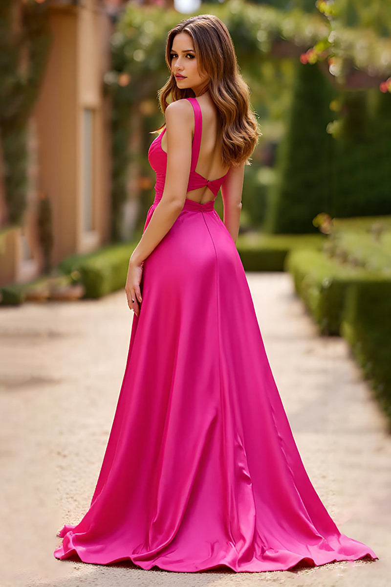 Laden Sie das Bild in den Galerie-Viewer, Fuchsia A Linien Satin Spaghettiträger Langes Abendkleid mit Schlitz
