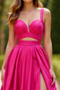 Laden Sie das Bild in den Galerie-Viewer, Fuchsia A Linien Satin Spaghettiträger Langes Abendkleid mit Schlitz