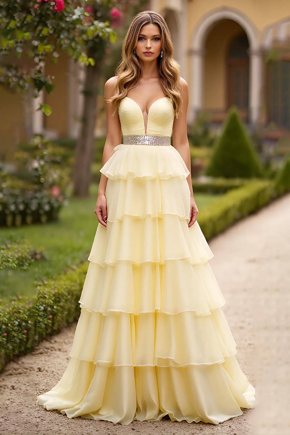 Gelb Schulterfrei A Linien Langes Abendkleid mit Rüschen