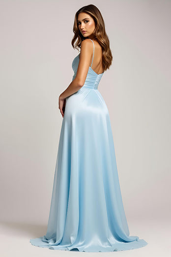 Blau A Linien Spaghettiträge Langes Abendkleid mit Schlitz