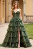 Laden Sie das Bild in den Galerie-Viewer, Dunkelgrün A Linien Spaghettiträge Rüschen Langes Abendkleid mit Schlitz