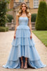 Laden Sie das Bild in den Galerie-Viewer, Blau A Linien Schulterfrei Vokuhila Langes Abendkleid