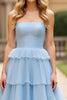 Laden Sie das Bild in den Galerie-Viewer, Blau A Linien Schulterfrei Vokuhila Langes Abendkleid