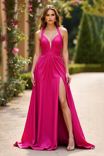 Fuchsia A Linien Neckholder Satin Langes Abendkleid mit Schlitz