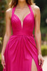 Laden Sie das Bild in den Galerie-Viewer, Fuchsia A Linien Neckholder Satin Langes Abendkleid mit Schlitz
