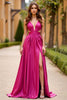 Laden Sie das Bild in den Galerie-Viewer, Fuchsia A Linien Satin Rückenfrei Langes Abendkleid mit Schlitz