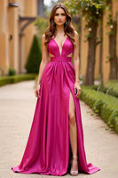 Laden Sie das Bild in den Galerie-Viewer, Fuchsia A Linien Satin Rückenfrei Langes Abendkleid mit Schlitz