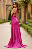 Laden Sie das Bild in den Galerie-Viewer, Fuchsia A Linien Satin Rückenfrei Langes Abendkleid mit Schlitz