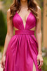 Laden Sie das Bild in den Galerie-Viewer, Fuchsia A Linien Satin Rückenfrei Langes Abendkleid mit Schlitz