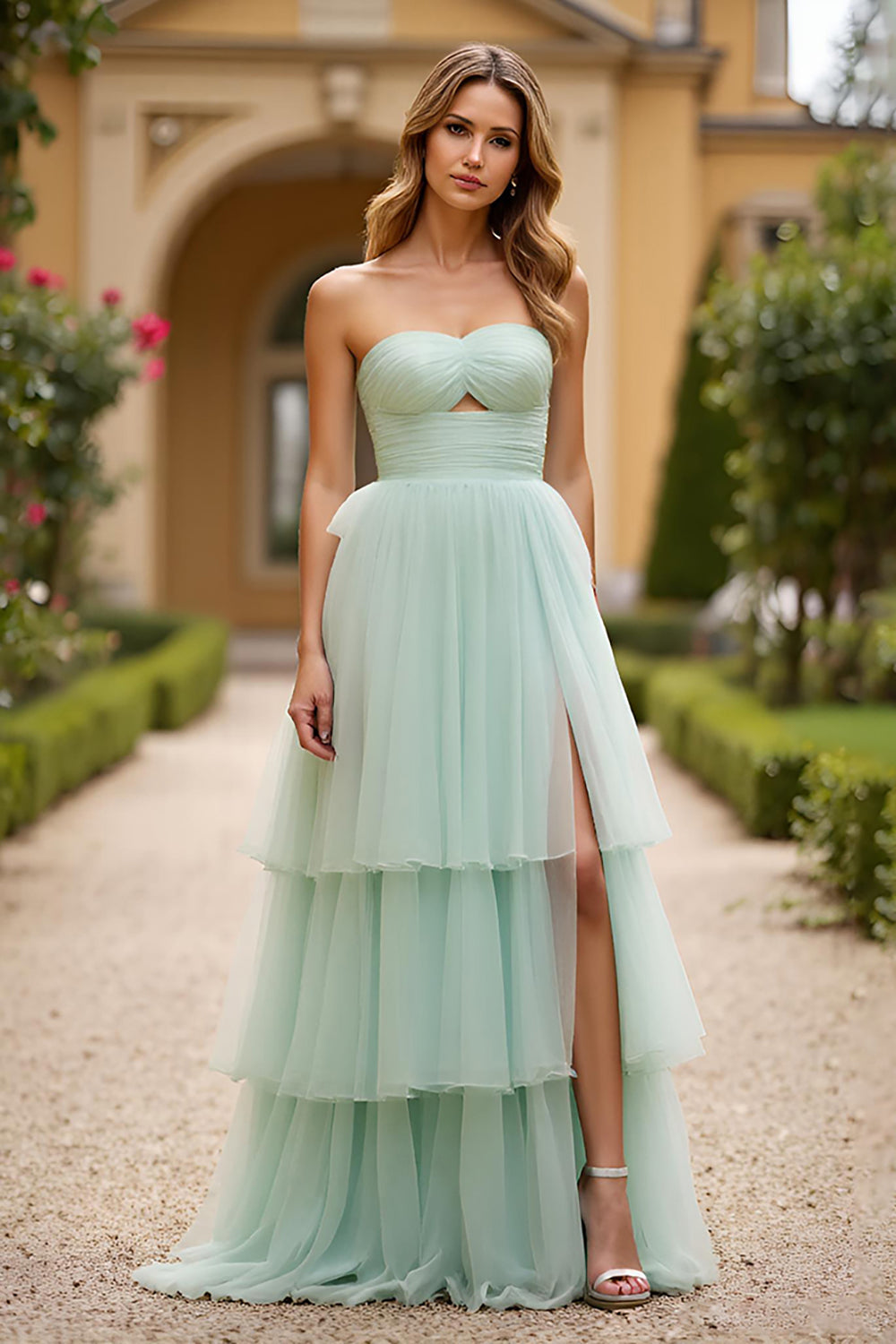 Grün A Linien Tüll Langes Rüschen Abendkleid mit Schlitz