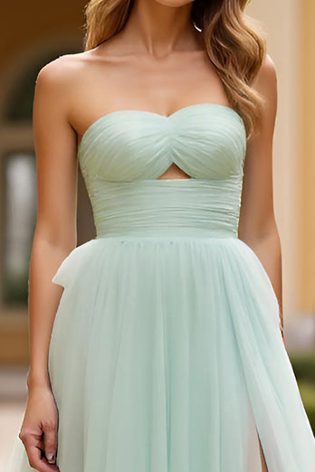 Grün A Linien Tüll Langes Rüschen Abendkleid mit Schlitz