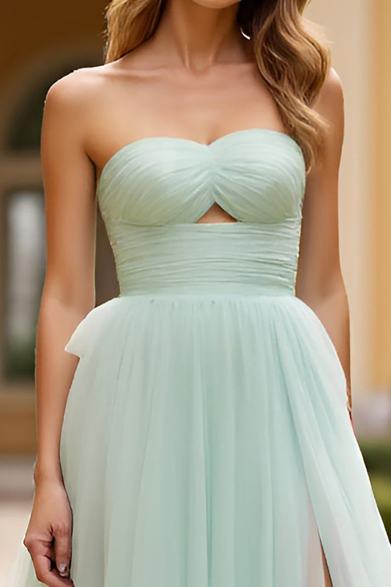 Laden Sie das Bild in den Galerie-Viewer, Grün A Linien Tüll Langes Rüschen Abendkleid mit Schlitz
