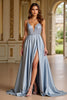Laden Sie das Bild in den Galerie-Viewer, Staubiges Blau A Linien Satin Langes Abendkleid mit Schlitz