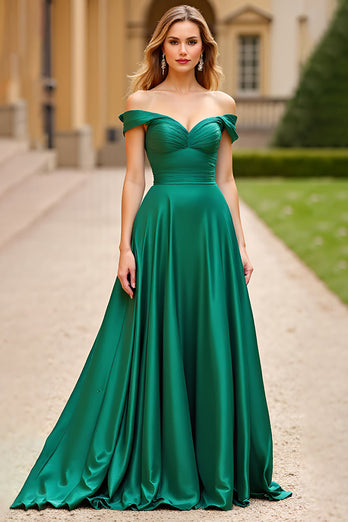Dunkelgrün A Linien Schulterfrei Satin Langes Abendkleid
