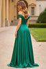 Laden Sie das Bild in den Galerie-Viewer, Dunkelgrün A Linien Schulterfrei Satin Langes Abendkleid