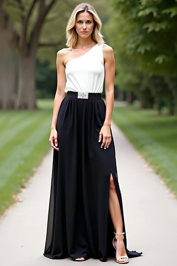 Eine Schulter Weiß und Schwarz A Linie Lange Ballkleid