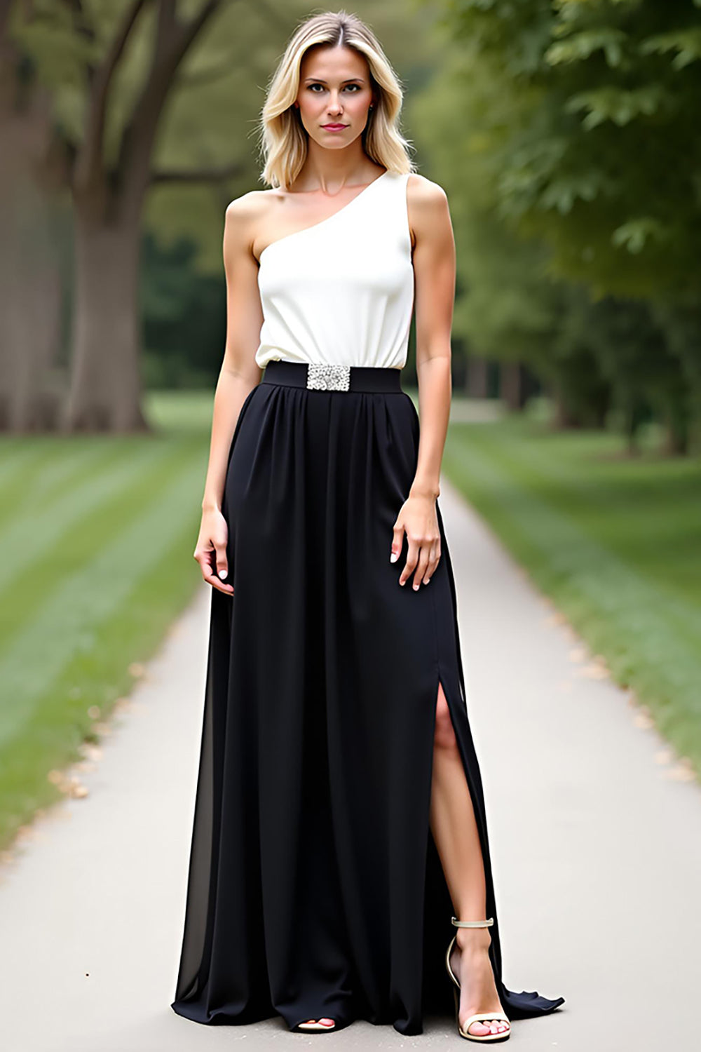 Eine Schulter Weiß und Schwarz A Linie Lange Ballkleid