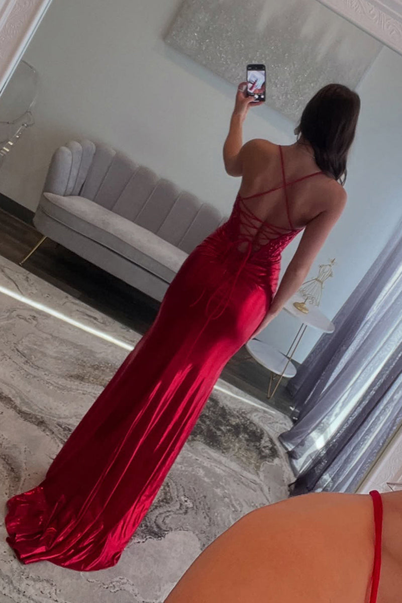 Laden Sie das Bild in den Galerie-Viewer, Rot Satin Korsett Meerjungfrau Lange Ballkleid mit Schlitz