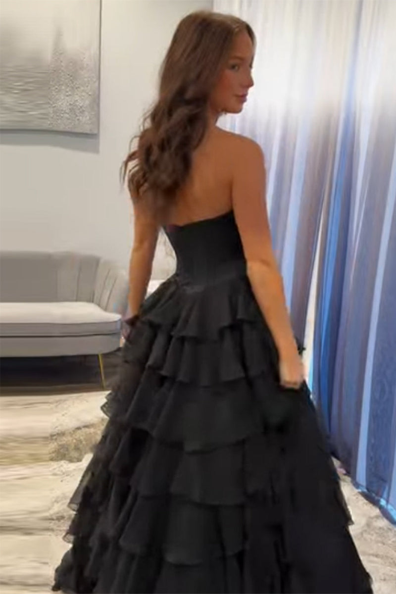 Laden Sie das Bild in den Galerie-Viewer, Prinzessin Glitzer Schwarz Korsett Perlen Lange Ballkleid mit Rüschen
