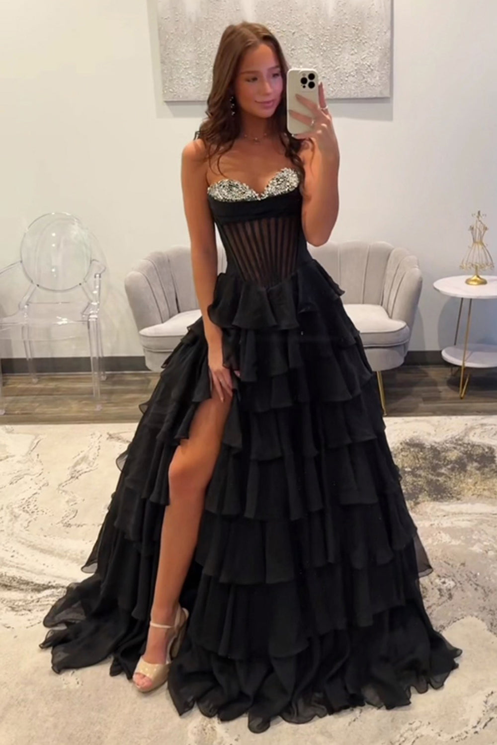 Prinzessin Glitzer Schwarz Korsett Perlen Lange Ballkleid mit Rüschen
