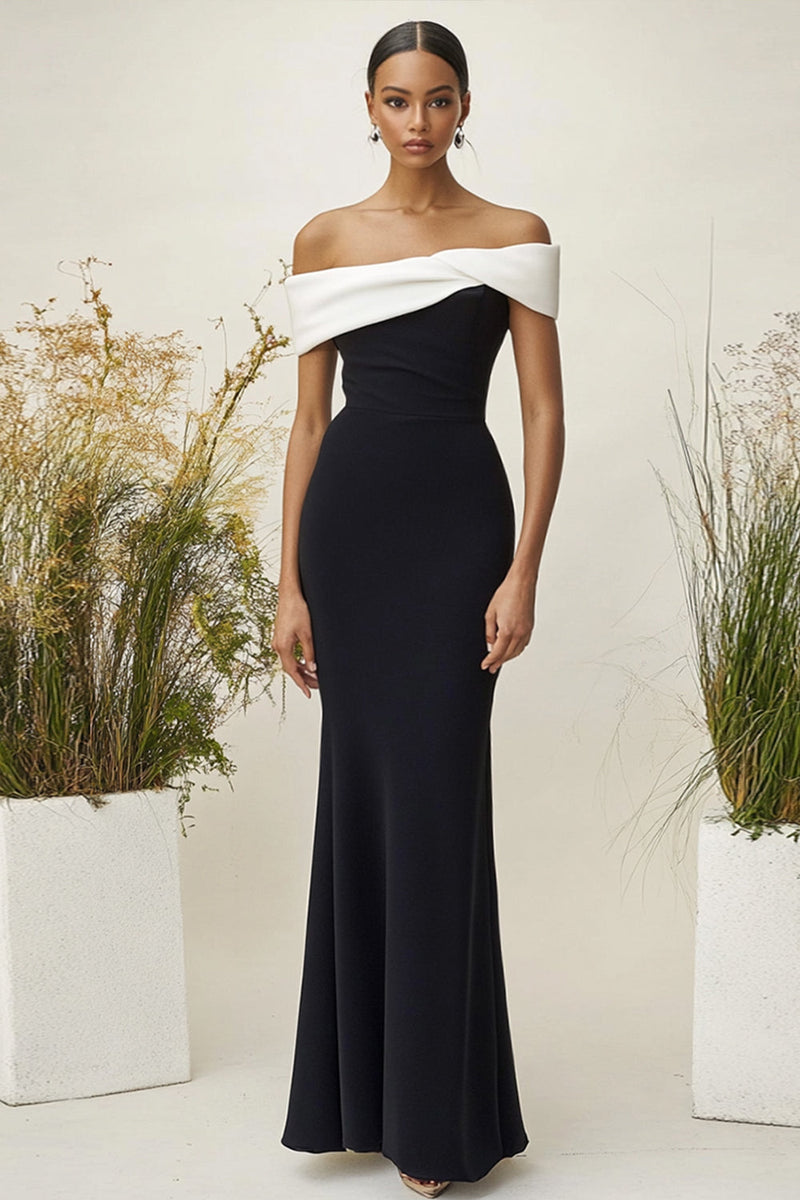 Laden Sie das Bild in den Galerie-Viewer, Weiß und Schwarz Schulterfreie Etui Lange Formelle Kleid