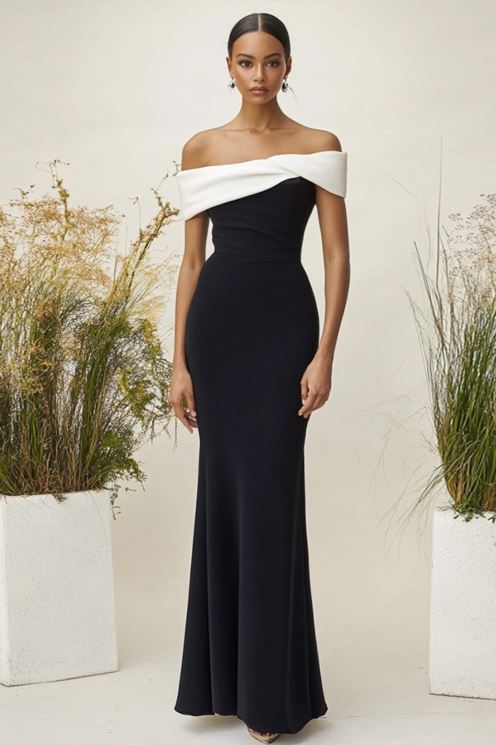 Weiß und Schwarz Schulterfreie Etui Lange Formelle Kleid