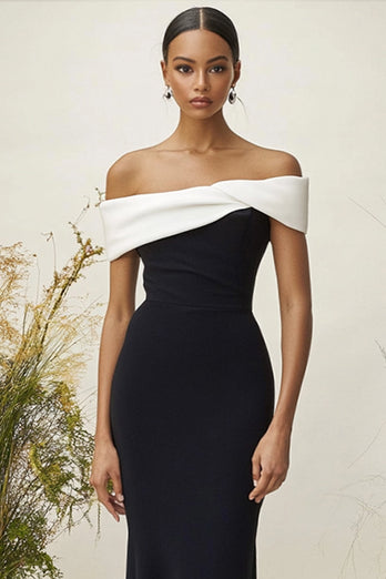 Weiß und Schwarz Schulterfreie Etui Lange Formelle Kleid