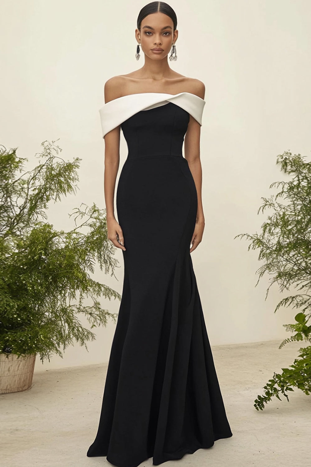 Weiß und Schwarz Satin Schulterfreie Lange Formelle Kleid
