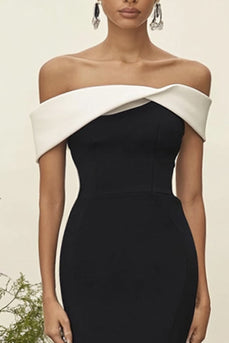Weiß und Schwarz Satin Schulterfreie Lange Formelle Kleid
