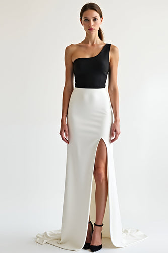 Schwarz und Weiß Eine Schulter Satin Lange Formelle Kleid mit Schlitz