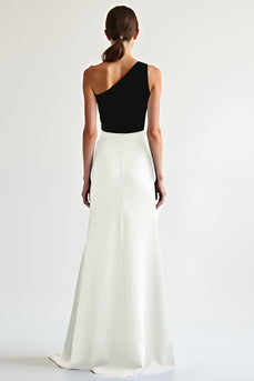 Schwarz und Weiß Eine Schulter Satin Lange Formelle Kleid mit Schlitz