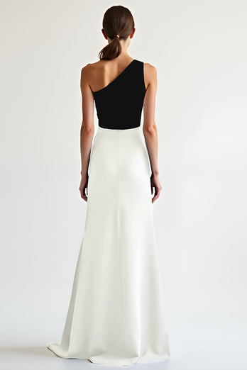 Schwarz und Weiß Eine Schulter Satin Lange Formelle Kleid mit Schlitz