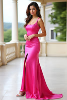 Laden Sie das Bild in den Galerie-Viewer, Fuchsia Meerjungfrau Satin Rückenfrei Karree Langes Abendkleid mit Schlitz