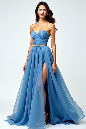 Blau A Linien Schulterfrei Langes Abendkleid mit Schlitz