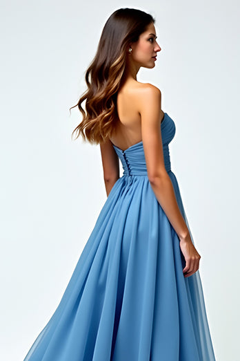 Blau A Linien Schulterfrei Langes Abendkleid mit Schlitz