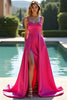 Laden Sie das Bild in den Galerie-Viewer, Fuchsia A Linien Rückenfrei Satin Langes Abendkleid mit Schlitz