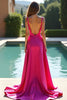 Laden Sie das Bild in den Galerie-Viewer, Fuchsia A Linien Rückenfrei Satin Langes Abendkleid mit Schlitz
