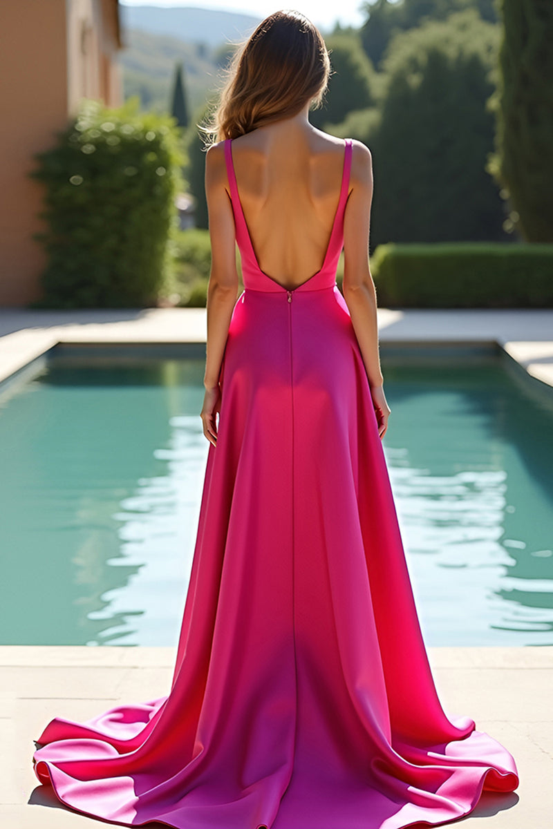 Laden Sie das Bild in den Galerie-Viewer, Fuchsia A Linien Rückenfrei Satin Langes Abendkleid mit Schlitz