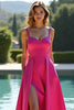 Laden Sie das Bild in den Galerie-Viewer, Fuchsia A Linien Rückenfrei Satin Langes Abendkleid mit Schlitz