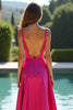 Laden Sie das Bild in den Galerie-Viewer, Fuchsia A Linien Rückenfrei Satin Langes Abendkleid mit Schlitz