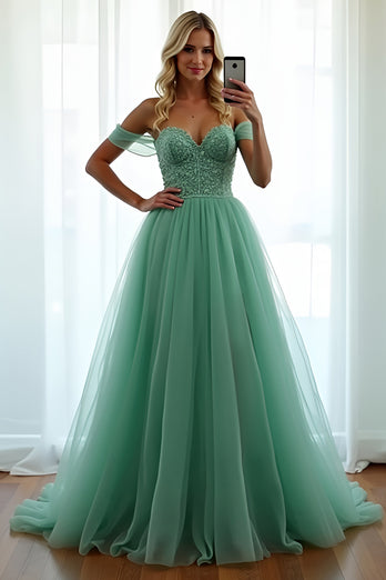 Grün A Linien Schulterfrei Tüll Langes Abendkleid
