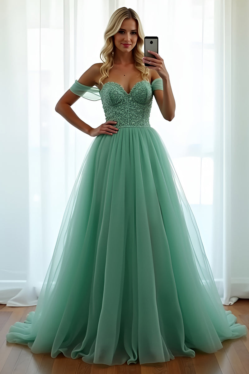 Laden Sie das Bild in den Galerie-Viewer, Grün A Linien Schulterfrei Tüll Langes Abendkleid